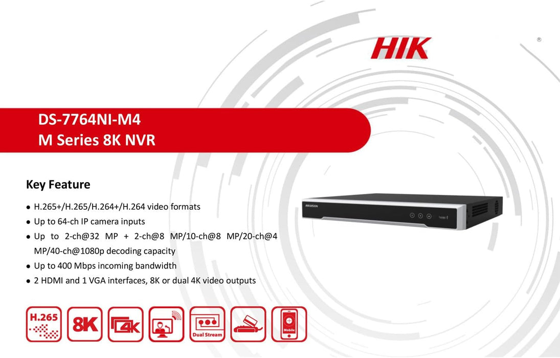 Hikvision DS-7764NI-M4 64 Channel 1.5U 8K NVR, Dual 4K IP Network Video Recorder, 2 HDMI and 1 VGA interfaces, Without POE, Compatible with Hikvision Hik-Connect, English Version, Hard Drive Not Included