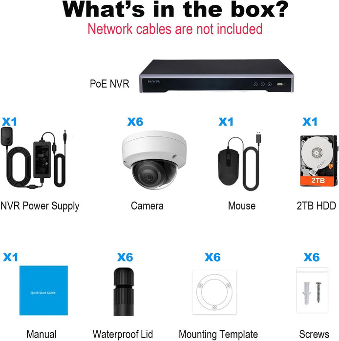 Hikvision 8CH NVR Security Camera System, 6pcs DS-2CD2143G2-I 4MP PoE IP Cameras Outdoor, 2.8MM Lens 3-Axis, WDR, IP67, IK10, H.265+ with 4K 8CH NVR Pre-Installed 2TB HDD for 24-7 Recording, Cable not Included