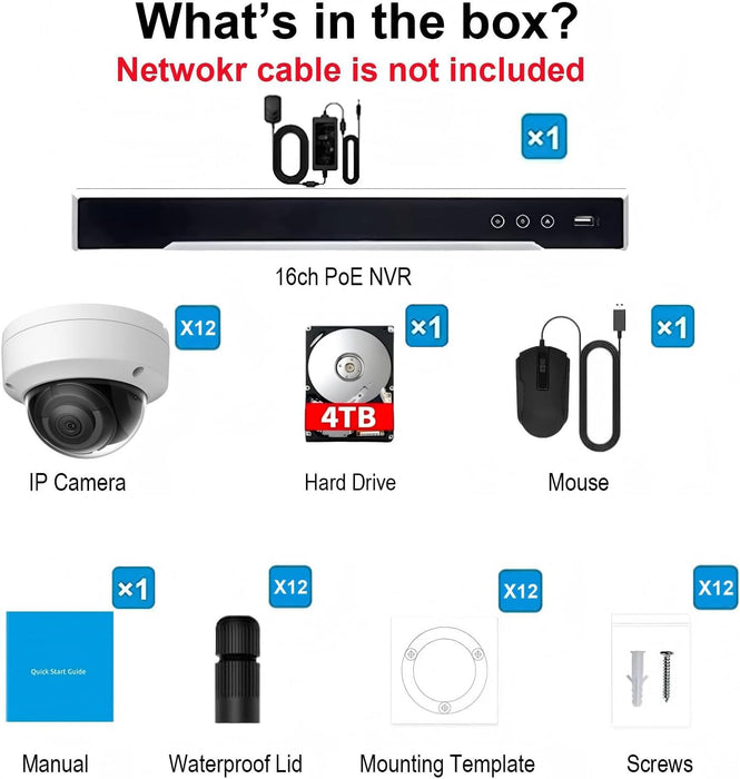Hikvision 16 Channel PO IP Security Camera System, 4K 8MP NVR 4TB with 12 x 4MP DS-2CD2143G2-I Outdoor Vandal Dome Cameras 2.8mm 3-Axis IP67 IK10 H.265+ Cable not Included