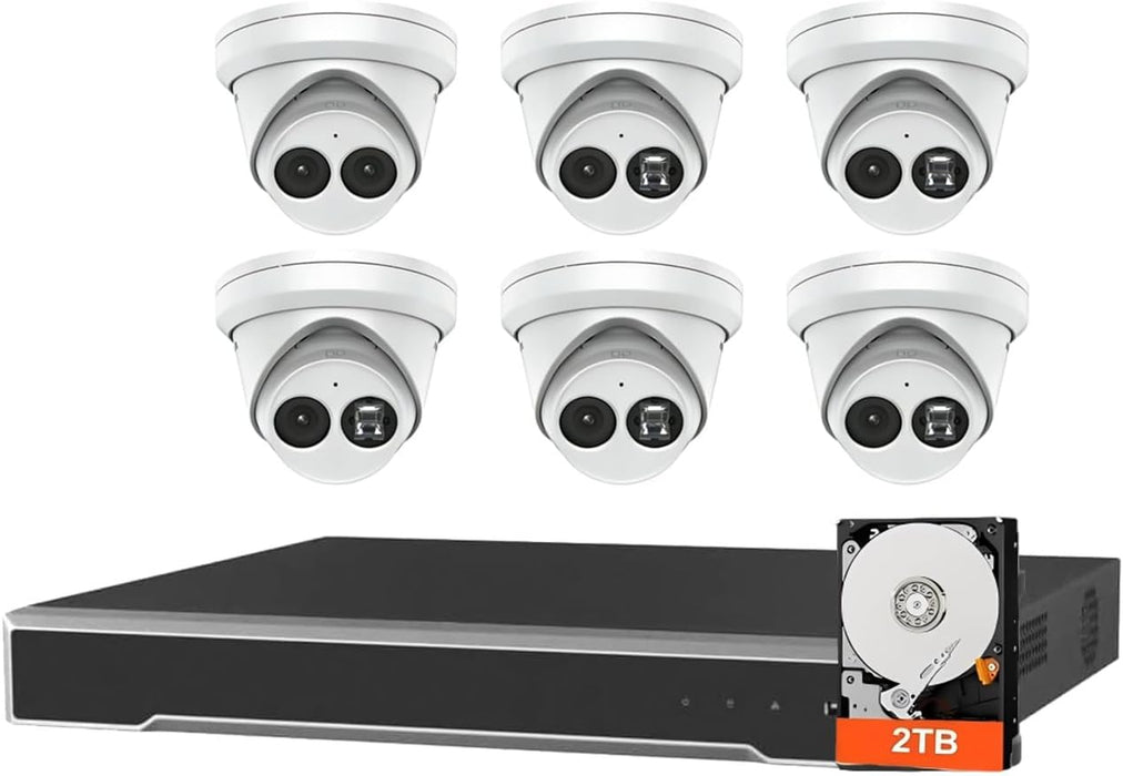 Hikvision 8CH NVR Security Camera System, 6pcs DS-2CD2343G2-I 4MP AcuSense Turret PoE IP Cameras Outdoor, 2.8MM Lens, WDR, IP67, H.265+ with 4K 8CH NVR with 2TB HDD for 24-7 Recording, Cable not Included
