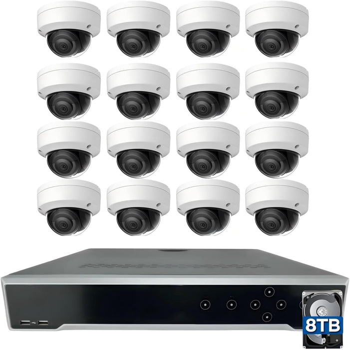 Hikvision 32 Channel Security Camera System, 8MP 32CH POE NVR DS-2CD7732NI-M4/24P w/8TB HDD, with 16x DS-2CD2183G2-I 4K Vandal Dome Outdoor PoE IP Cameras, AI Human Vehicle Detection, Cable not Include, Commercial CCTV for Business