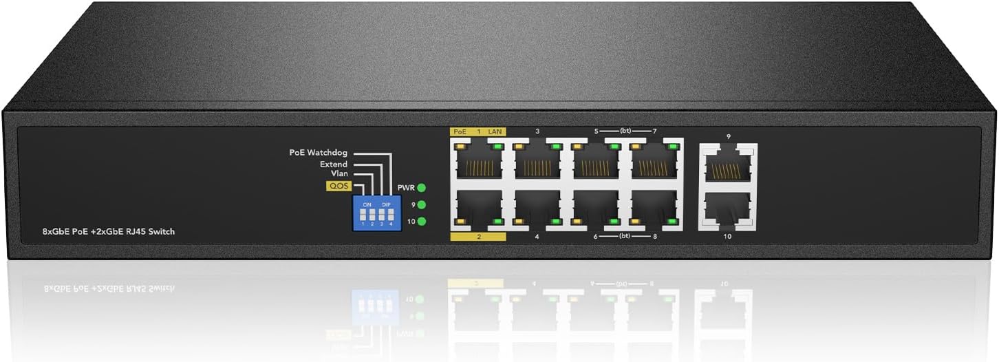 8 Port Full Gigabit PoE++ Switch, 4 BT 90W & 4 AT 30W Ports, 2 Gigabit Uplink, Total Budget 200W, 802.3af/at/bt Compliant, Compatible with PTZ PoE IP Cameras, VOIP Phones, AP, PoE Light