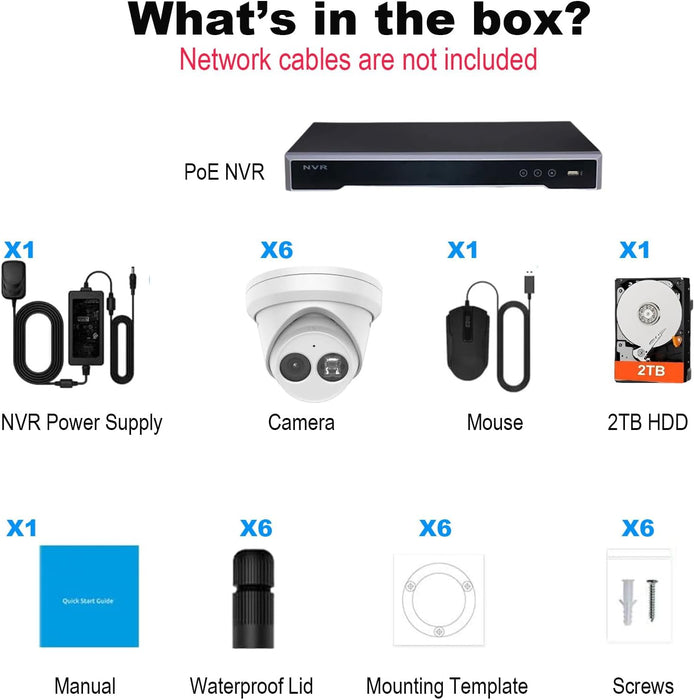 Hikvision 8CH NVR Security Camera System, 6pcs DS-2CD2343G2-I 4MP AcuSense Turret PoE IP Cameras Outdoor, 2.8MM Lens, WDR, IP67, H.265+ with 4K 8CH NVR with 2TB HDD for 24-7 Recording, Cable not Included