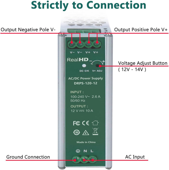 Industrial DIN Rail Power Supply AC to DC, 12V 10A 120 Watts Single Output, Size 1.7 x 4.8 x 5.1inch