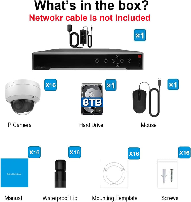 Hikvision 32 Channel Security Camera System, 8MP 32CH POE NVR DS-2CD7732NI-M4/24P w/8TB HDD, with 16x DS-2CD2183G2-I 4K Vandal Dome Outdoor PoE IP Cameras, AI Human Vehicle Detection, Cable not Include, Commercial CCTV for Business