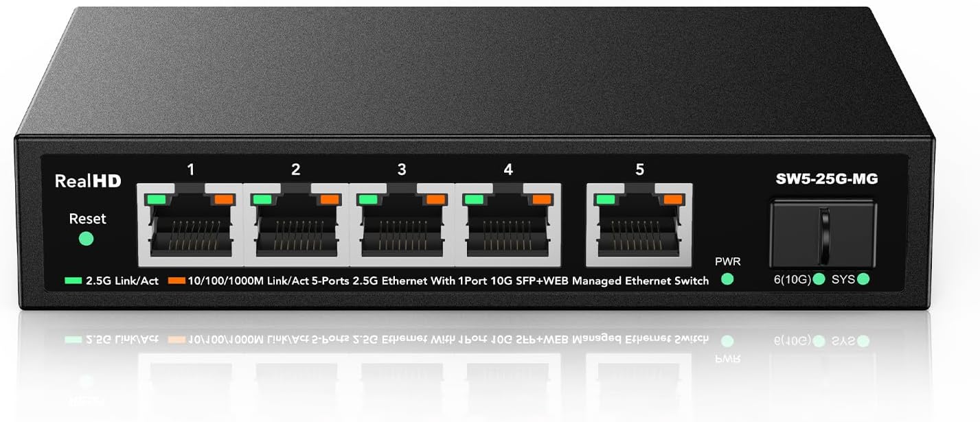 5 Port 2.5GB Web Managed Ethernet Network Switch | 5 x 2.5 Gigabit | 1 x 10Gb SFP+ | Multigig Switch 10-100-1000Mbps | 45G Bandwidth | Fanless Metal Internet Switch | NOT Support VPN