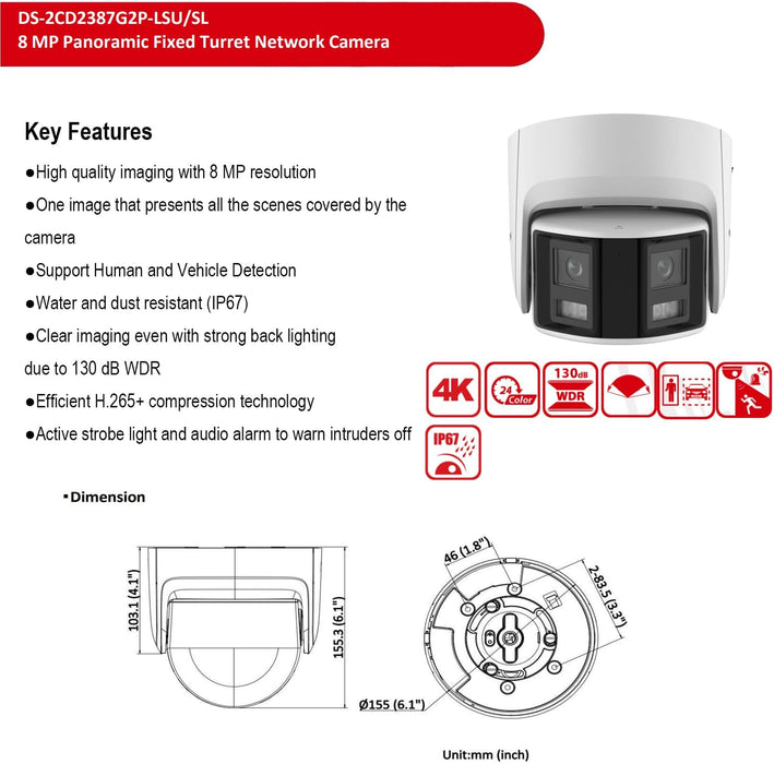Hikvision  IP Camera System, 8MP NVR Kit, 8 Channel 4K NVR 2TB with 6 x 4K Turret Dome Cameras 2.8mm +180° Panormic Wide Angle POE IP Camera, IP67 H.265+ Compatible with Hikvision Hik-Connect