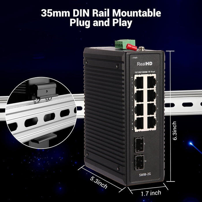 Industrial Ethernet Switch, 10-Port Gigabit Din Rail Switch Hardened, 1000Mbps, 8 Ethernet Ports + 2 SFP Port, Din Rail & Wall Mountable (-40 to 185 F), 20Gbps Switching Capacity, with UL Power Supply