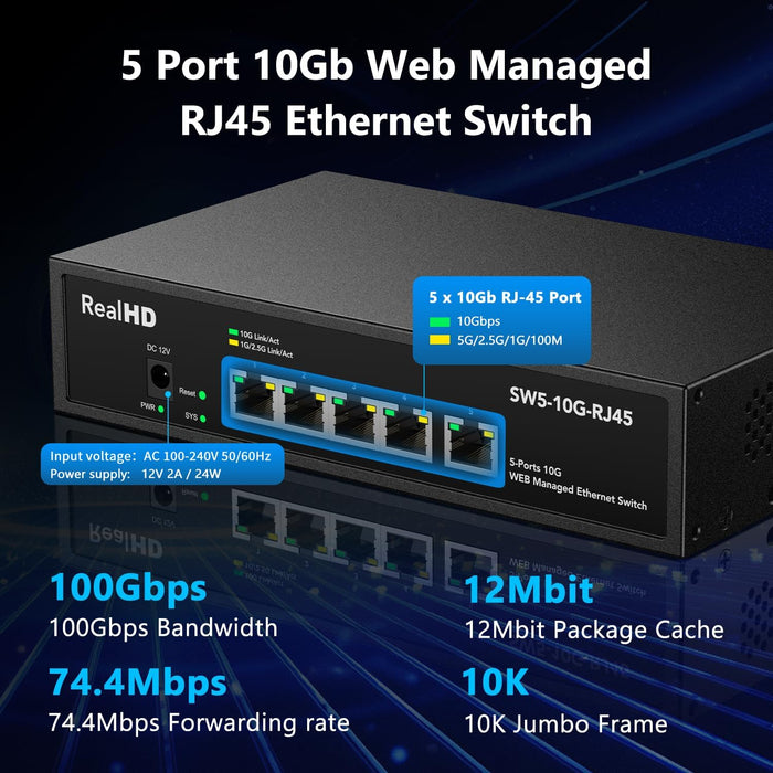 5 Port 10Gb RJ45 Web Managed Ethernet Network Switch, 5 x 10 Gigabit Base-T Port | 10Gbps Multi-Gig Swicth Support 5G-2.5G-1G-100M | 19 Inch Rack Mount | 100G Bandwidth | Metal Casing | Built-in Fan