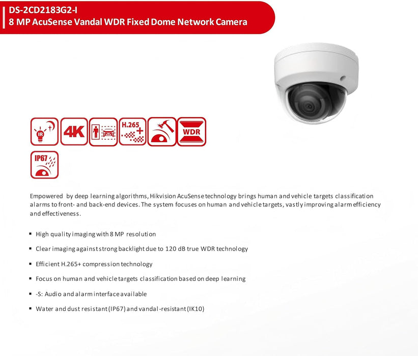 Hikvision 32 Channel Security Camera System, 8MP 32CH POE NVR DS-2CD7732NI-M4/24P w/8TB HDD, with 16x DS-2CD2183G2-I 4K Vandal Dome Outdoor PoE IP Cameras, AI Human Vehicle Detection, Cable not Include, Commercial CCTV for Business