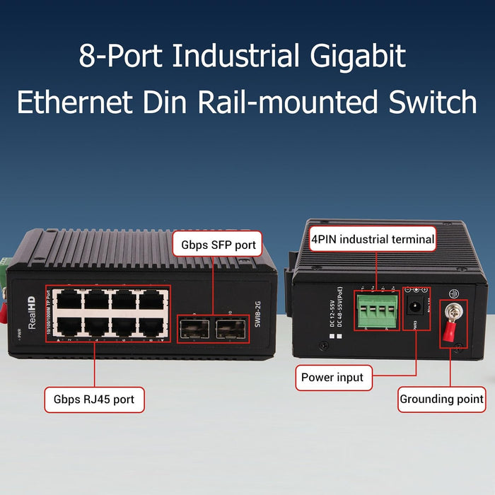 Industrial Ethernet Switch, 10-Port Gigabit Din Rail Switch Hardened, 1000Mbps, 8 Ethernet Ports + 2 SFP Port, Din Rail & Wall Mountable (-40 to 185 F), 20Gbps Switching Capacity, with UL Power Supply