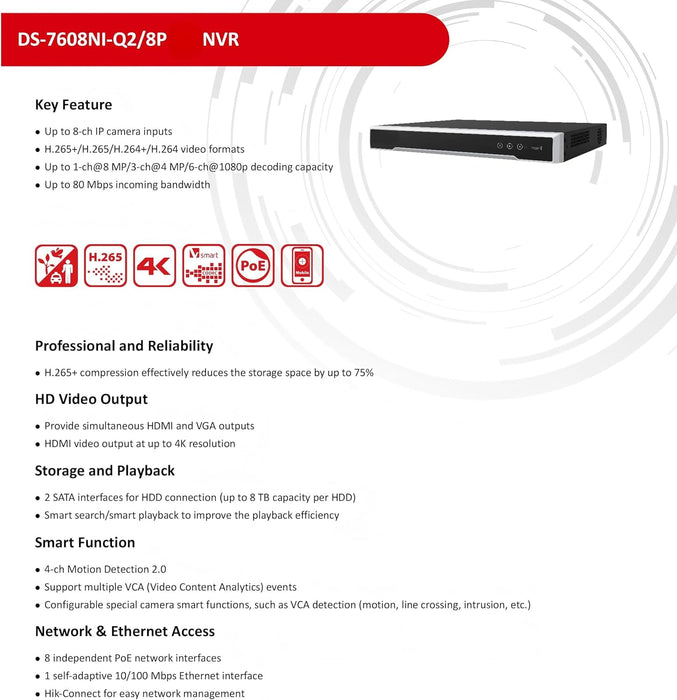 Hikvision 8CH NVR Security Camera System, 6pcs DS-2CD2143G2-I 4MP PoE IP Cameras Outdoor, 2.8MM Lens 3-Axis, WDR, IP67, IK10, H.265+ with 4K 8CH NVR Pre-Installed 2TB HDD for 24-7 Recording, Cable not Included