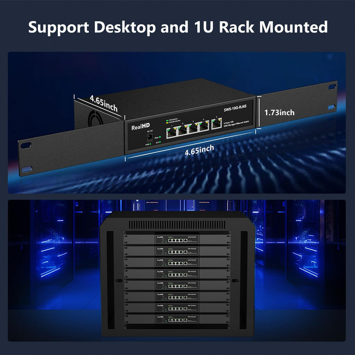 5 Port 10Gb RJ45 Web Managed Ethernet Network Switch, 5 x 10 Gigabit Base-T Port | 10Gbps Multi-Gig Swicth Support 5G-2.5G-1G-100M | 19 Inch Rack Mount | 100G Bandwidth | Metal Casing | Built-in Fan