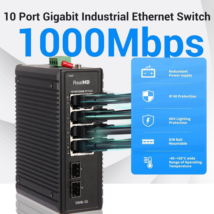 Industrial Ethernet Switch, 10-Port Gigabit Din Rail Switch Hardened, 1000Mbps, 8 Ethernet Ports + 2 SFP Port, Din Rail & Wall Mountable (-40 to 185 F), 20Gbps Switching Capacity, with UL Power Supply