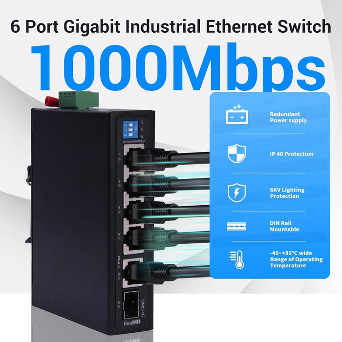 Industrial Ethernet Switch, 6-Port Gigabit Ethernet Switch, 1000Mbps, 4*1 RJ45 Uplink+1 SFP Port, Din Rail & Wall Mountable (-40 to 185 F), 12Gbps Switching Capacity, with UL Power Supply
