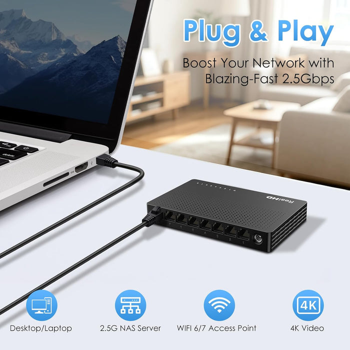 2.5Gb Switch, Ethernet Switch 2.5Gb 8 Port Unmanaged, Network Switch for Game Console, NAS, PC, Wireless APs, Plug & Play Fanless, Desktop Wall Mount Network Hub