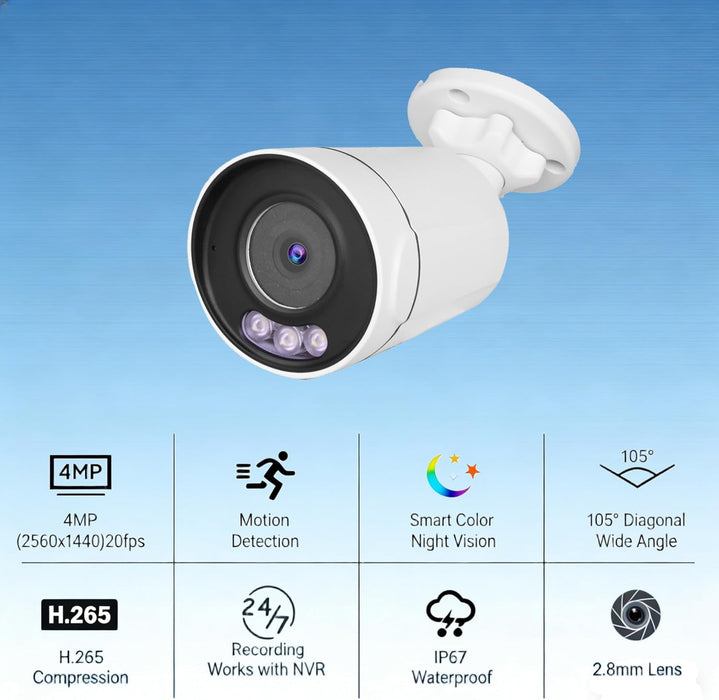 Comparable Performance to Dahua, ONVIF, 4MP POE Bullet Color Night Vision Camera, 2.8mm 108° Wide Viewing Angle Security IP Camera Outdoor IP66 Waterpfoof, NDAA Complaint