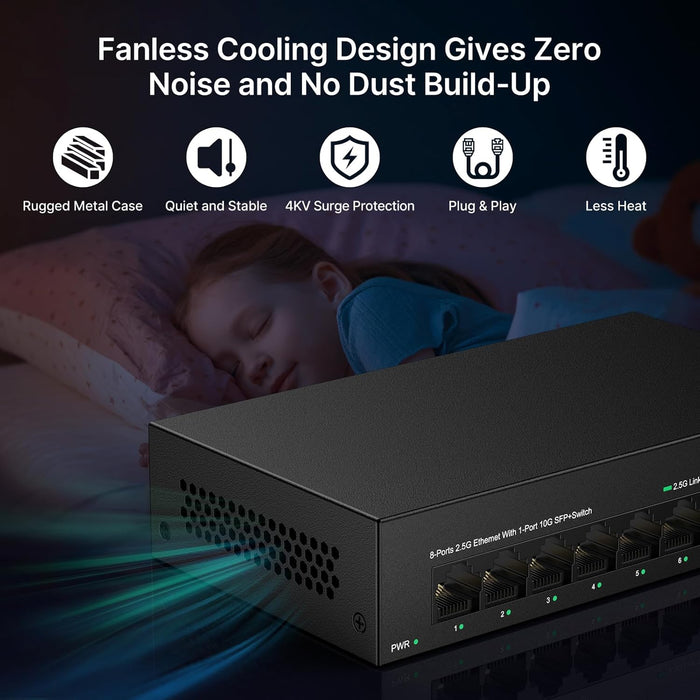 8 Port 2.5G Ethernet Switch Unmanaged Network Switch with 8 x 2.5 Gigabit | 1 x 10G SFP+ | Work with 10-100-1000Mbps Devices | 60G Bandwidth | Plug & Play | Fanless Quiet Metal Internet Switch