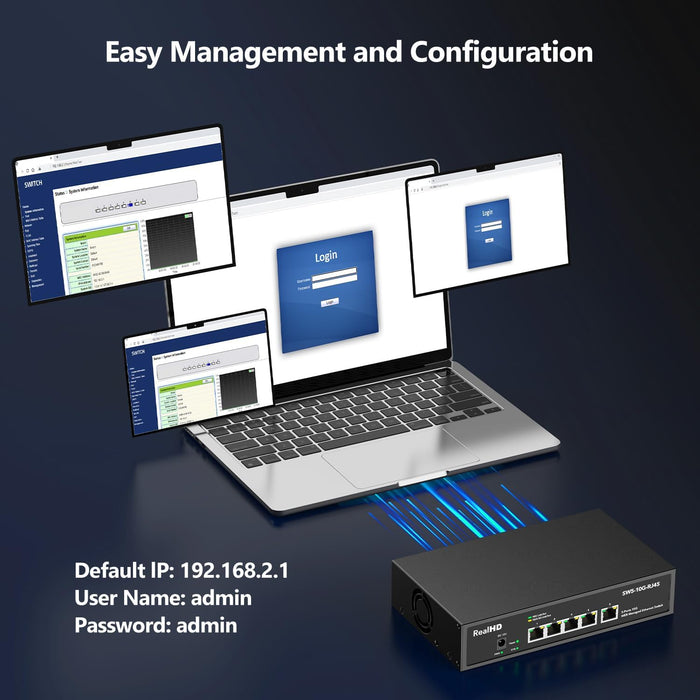 5 Port 10Gb RJ45 Web Managed Ethernet Network Switch, 5 x 10 Gigabit Base-T Port | 10Gbps Multi-Gig Swicth Support 5G-2.5G-1G-100M | 19 Inch Rack Mount | 100G Bandwidth | Metal Casing | Built-in Fan