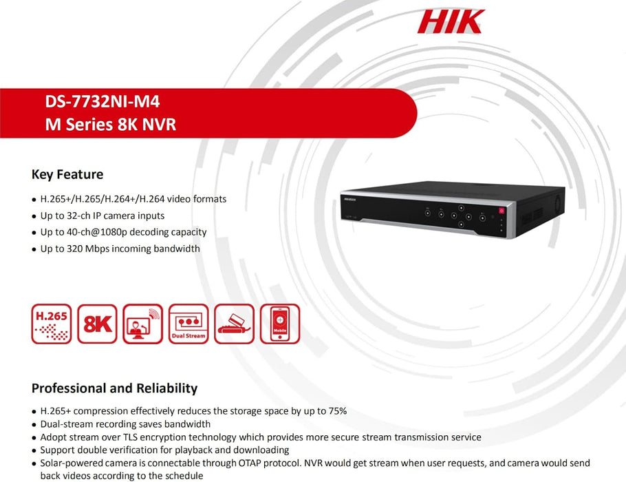 Hikvision DS-7732NI-M4 32 Channel 8K NVR Network Video Recorder up to 32MP, Dual LAN Ports, Dual 4K HDMI, Hard Drive Not Included, NO PoE Camera Port, Compatible with Hikvision System