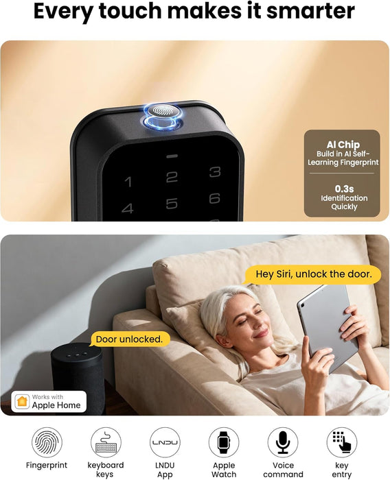 Smart Lock for Front Door HK01: Apple Home Ecosystem Fingerprint Keyless Door Lock, Supports Apple Home, Google, App Remote Control Keypad Door Lock, Easy Installation Auto-Lock