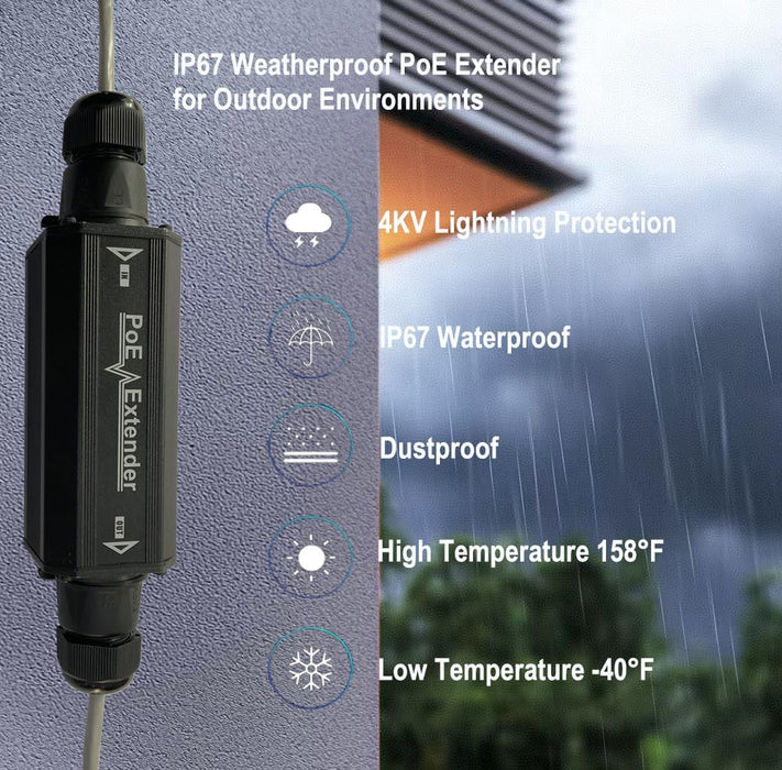 Gigabit PoE+ Extender Outdoor IP67 Waterproof, 10/100/1000Mbps, 1 Channel PoE Repeater, Wall-Mount, Comply with IEEE 802.3at/af, PoE Amplifier/Booster for IP Cameras, VoIP Phone, Not Support 24V POE