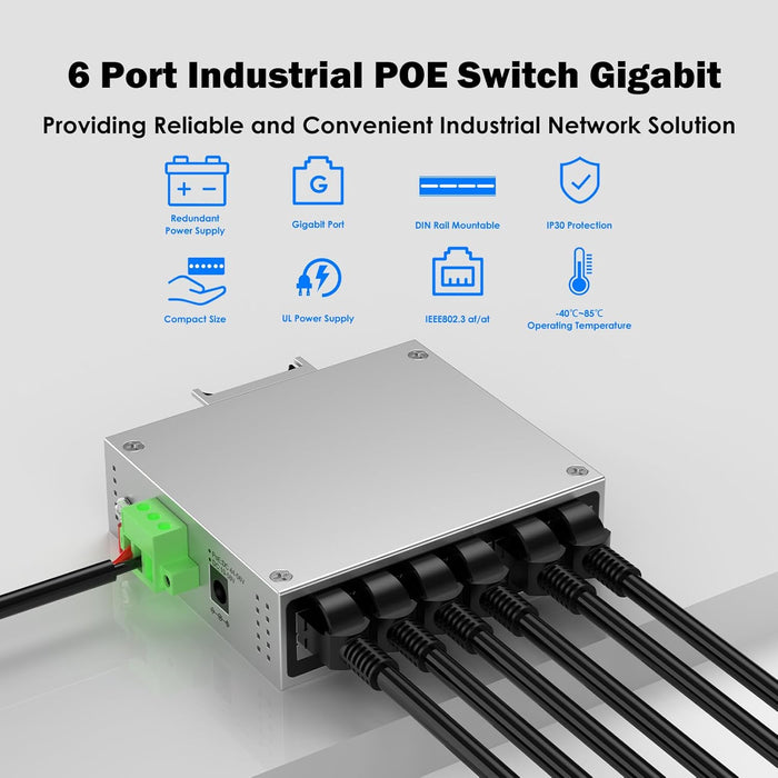 Industrial 4-Port Full Gigabit POE+ Switch with UL Power Supply, 2 Gigabit Uplink Port, Total 60W Budget, DIN-Rail POE Switch for IP Cameras, VoIP Phones, Wireless APs