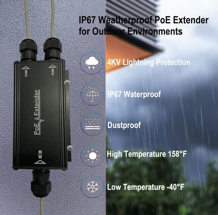 2 Channel Gigabit PoE+ Extender Outdoor, 2 Port PoE Out, IP67 Waterproof, 10/100/1000Mbps, Wall-Mount, Comply with IEEE 802.3af/at/bt, PoE Repeater/Amplifier/Booster for IP Cameras, VoIP Phone