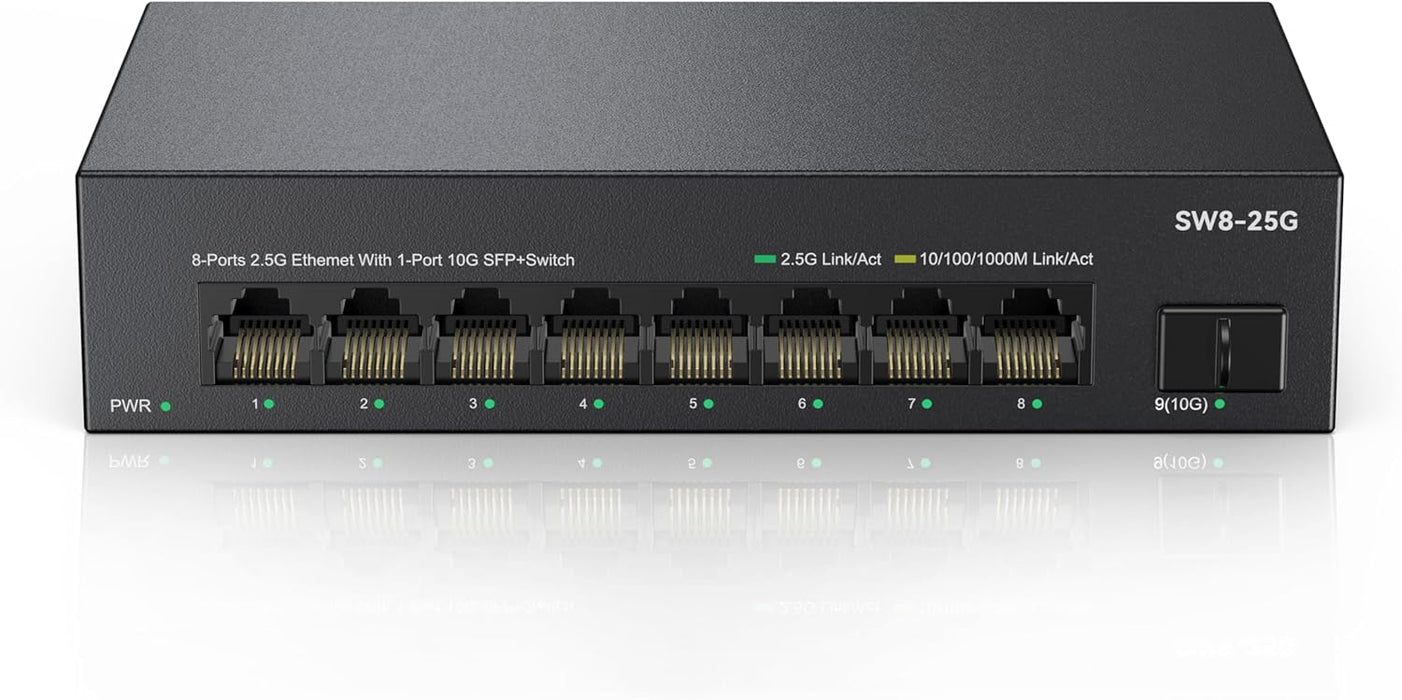 8 Port 2.5G Ethernet Switch Unmanaged Network Switch with 8 x 2.5 Gigabit | 1 x 10G SFP+ | Work with 10-100-1000Mbps Devices | 60G Bandwidth | Plug & Play | Fanless Quiet Metal Internet Switch