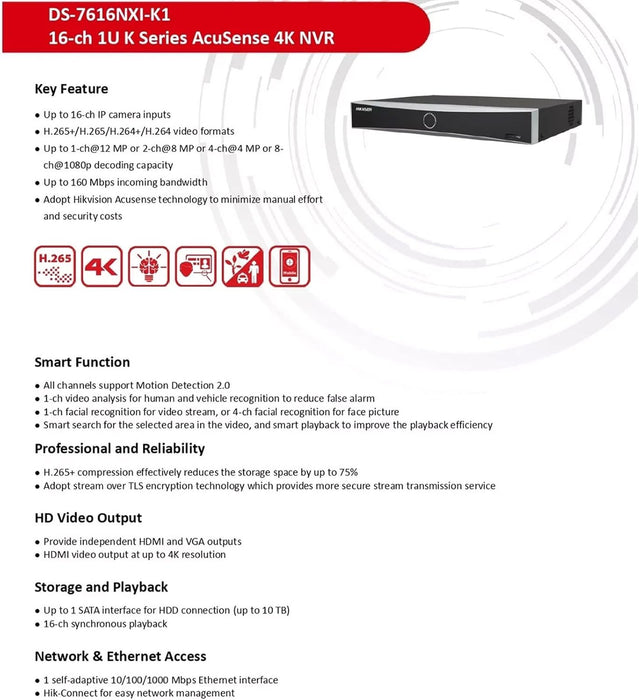 HIKVISION 16 Channel 8MP 4K NVR DS-7616NXI-K2 for IP Network CCTV Cameras Black NO POE Port
