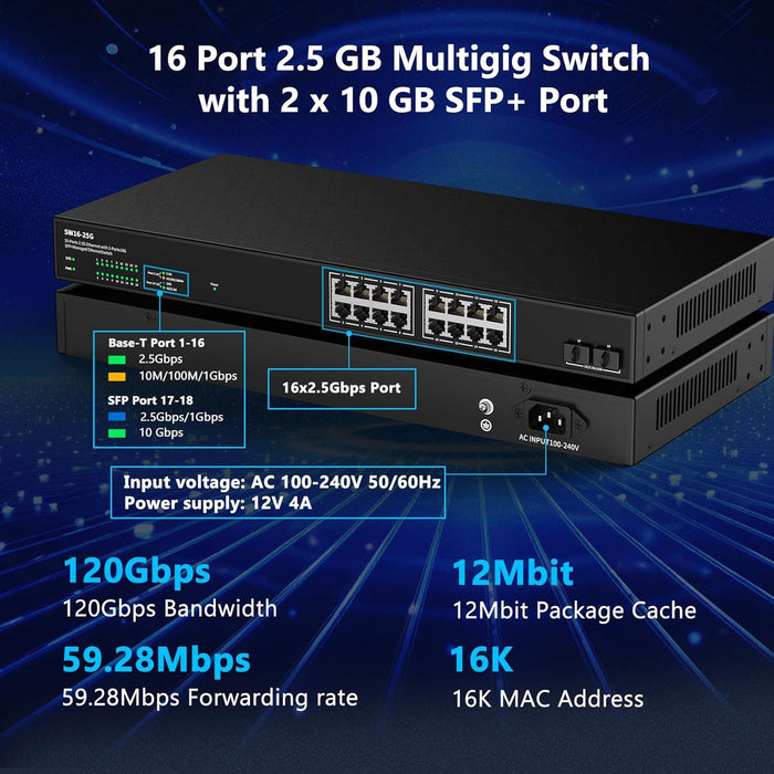 16 Port 2.5Gb Web Managed Ethernet Network Switch with 16 x 2.5G Base-T Port | 2 x 10G SFP+ | Work with 10-100-1000Mbps | 120G Bandwidth | Fanless Quiet | Rack Mount | Sturdy Metal Casing