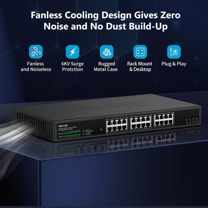 24 Port 2.5Gb Managed Ethernet Network Switch 24 x 2.5 Gigabit Base-T Port | 2 x 10G SFP+ | Compatible with 10-100-1000Mbps Devices | Fanless Quiet Metal Internet Switch | Rack Mount | 160G Bandwidth