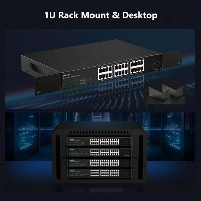 24 Port 2.5Gb Ethernet Unmanaged Network Switch 24 x 2.5 Gigabit Base-T Port | 2 x 10G SFP+ | Compatible with 10-100-1000Mbps Devices | Fanless Quiet Metal Internet Switch | Rack Mount | 160G Bandwidth