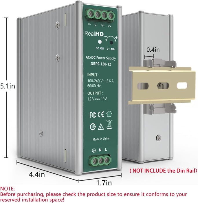 Industrial DIN Rail Power Supply AC to DC, 12V 10A 120 Watts Single Output, Size 1.7 x 4.8 x 5.1inch