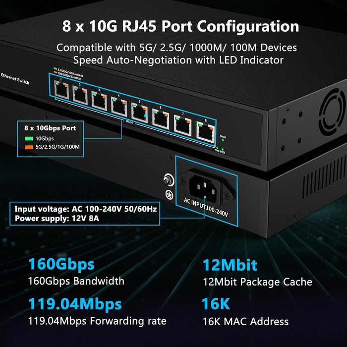 8 Port 10Gb RJ45 Web Managed Network Ethernet Switch 8 x 10G Base-T Port | Multi-Gig 10G-5G-2.5G-1G | Rack Mount | Built-in Fan | 160G Bandwidth | 10Gbps for 10G NAS, PC, WiFi7 Router, 10G Adapter/NIC