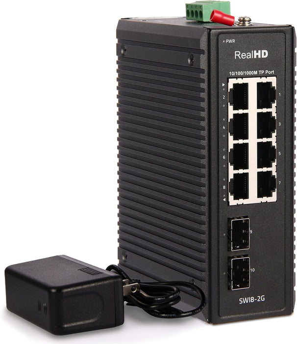 Industrial Ethernet Switch, 10-Port Gigabit Din Rail Switch Hardened, 1000Mbps, 8 Ethernet Ports + 2 SFP Port, Din Rail & Wall Mountable (-40 to 185 F), 20Gbps Switching Capacity, with UL Power Supply