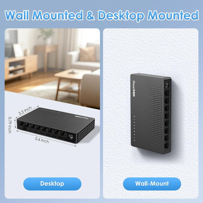 2.5Gb Switch, Ethernet Switch 2.5Gb 8 Port Unmanaged, Network Switch for Game Console, NAS, PC, Wireless APs, Plug & Play Fanless, Desktop Wall Mount Network Hub