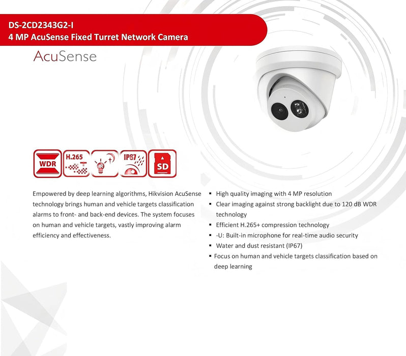 Hikvision 16 Channel 4K NVR Security Camera System - 12 x DS-2CD2343G2-I Dome 4MP Waterproof 2.8MM Lens POE Camera, 100ft IR Distance, 120dB True WDR, H.256+, 16CH 4K NVR with 4TB Hard Drive, Cable not Included