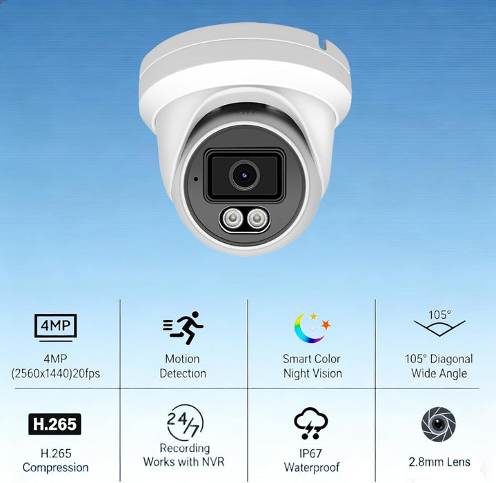 Comparable Performance to Dahua, 4MP Add-On Full Color Night Vision Turret Dome IP Camera with White Lights for IP Camera NVR System,108° Viewing Angle 2.8mm Lens, Waterproof IP66 Outdoor, NDAA Compliant