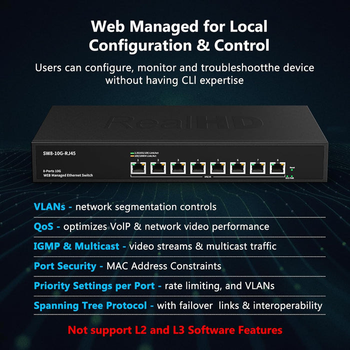 8 Port 10Gb RJ45 Web Managed Network Ethernet Switch 8 x 10G Base-T Port | Multi-Gig 10G-5G-2.5G-1G | Rack Mount | Built-in Fan | 160G Bandwidth | 10Gbps for 10G NAS, PC, WiFi7 Router, 10G Adapter/NIC