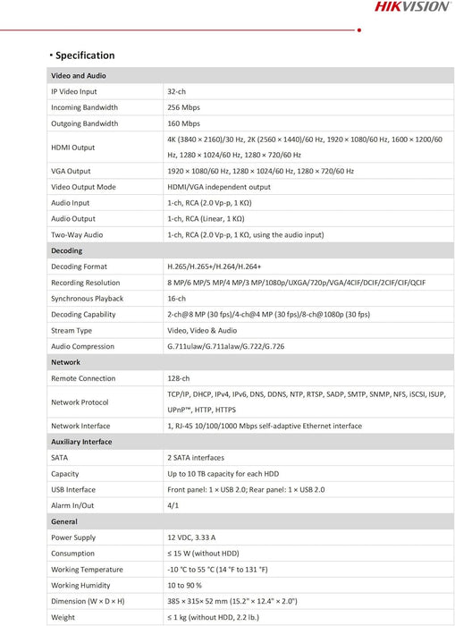 Hikvision DS-7632NXI-K2 Acusense 32 Channel with 【No POE Ports】 4K 8MP IP Network Video Recorder NVR, 2 SATA Hard Drive Place, Compatible with Hikvision, Hard Drive Not Included