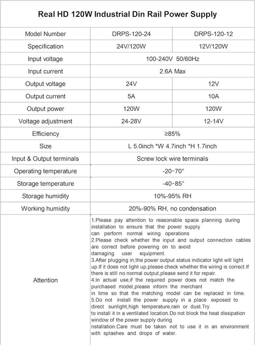 Industrial DIN Rail Power Supply AC to DC, 12V 10A 120 Watts Single Output, Size 1.7 x 4.8 x 5.1inch