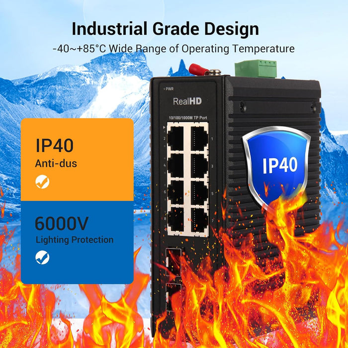 Industrial Ethernet Switch, 10-Port Gigabit Din Rail Switch Hardened, 1000Mbps, 8 Ethernet Ports + 2 SFP Port, Din Rail & Wall Mountable (-40 to 185 F), 20Gbps Switching Capacity, with UL Power Supply