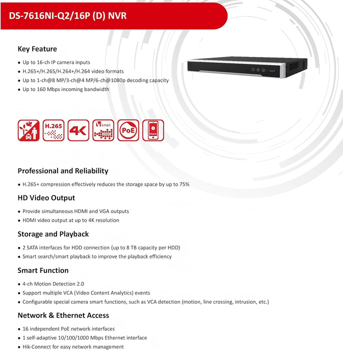Hikvision 16 Channel PO IP Security Camera System, 4K 8MP NVR 4TB with 12 x 4MP DS-2CD2143G2-I Outdoor Vandal Dome Cameras 2.8mm 3-Axis IP67 IK10 H.265+ Cable not Included