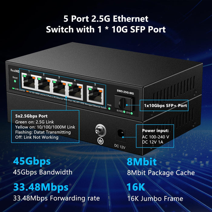 5 Port 2.5GB Web Managed Ethernet Network Switch | 5 x 2.5 Gigabit | 1 x 10Gb SFP+ | Multigig Switch 10-100-1000Mbps | 45G Bandwidth | Fanless Metal Internet Switch | NOT Support VPN