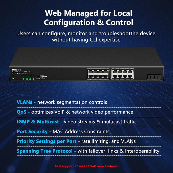 16 Port 2.5Gb Web Managed Ethernet Network Switch with 16 x 2.5G Base-T Port | 2 x 10G SFP+ | Work with 10-100-1000Mbps | 120G Bandwidth | Fanless Quiet | Rack Mount | Sturdy Metal Casing