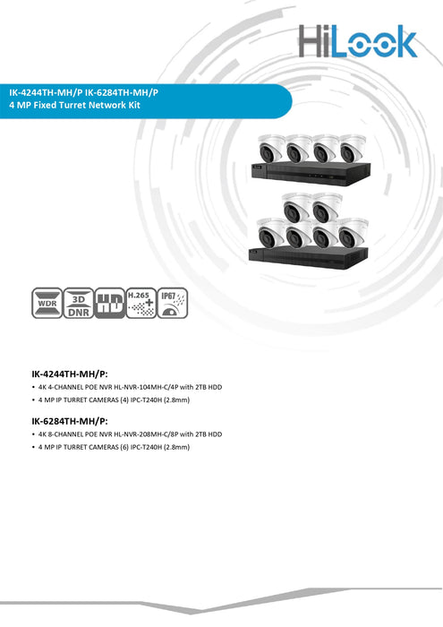 Hikvision OEM HiLook 4K IP Kit 6PC 4MP IP camera and 8CH NVR with 2TB HDD included