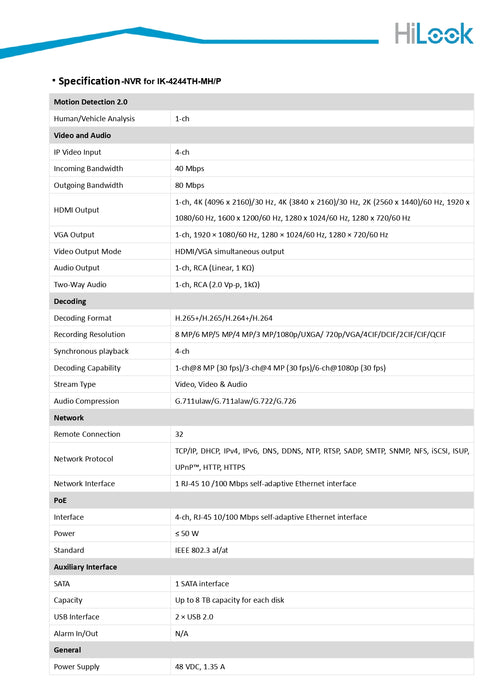 Hikvision OEM HiLook 4K IP Kit 6PC 4MP IP camera and 8CH NVR with 2TB HDD included