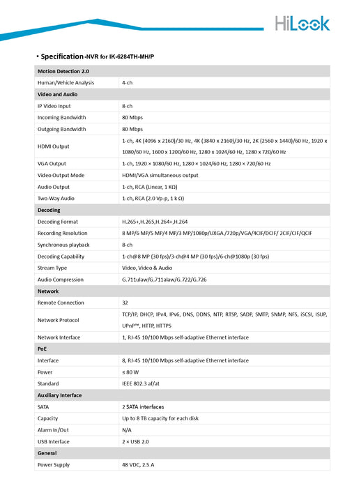 Hikvision OEM HiLook 4K IP Kit 6PC 4MP IP camera and 8CH NVR with 2TB HDD included