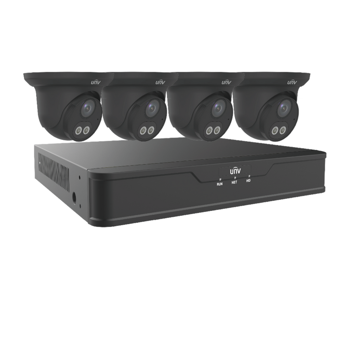 Uniview Dual Light 4 Channel Surveillance Kit with (4) 4MP Turret Domes in Black, (1) 4K 4 Channel NVR and 1TB HDD